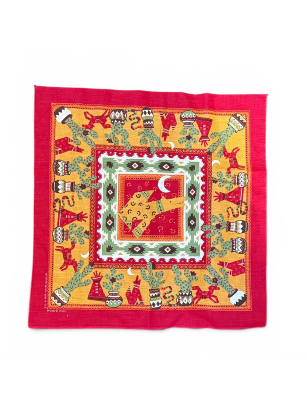 Vintage 80s Springs Southwestern Cactus Coyote Bandana Red USA RN16463 21x21